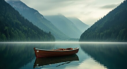 A serene lake scene with a wooden boat floating peacefully amidst misty mountains and lush green forests