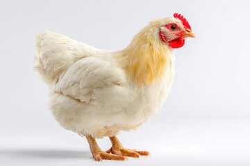 A hen mostly white with yellow on its neck stands on a white surface facing right