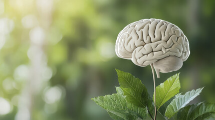 Abstract brain design intertwined with nature and green leaves in soft sunlight