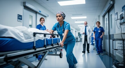 Fototapeta premium Healthcare professionals rushing a patient through a hospital corridor, emphasizing urgency and teamwork – medical care concept.