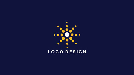 Abstract starburst logo design with golden dots on navy background, ideal for tech branding, innovation, and modern business identity