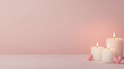 Burning candle with heart shape decoration on soft pink background, romantic warm light