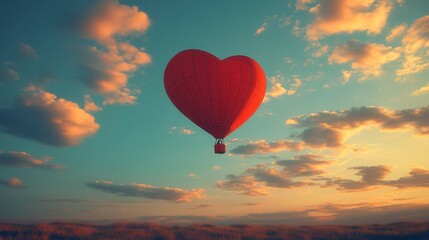 Fototapeta premium Reaching for love soaring high in a heart shaped hot air balloon