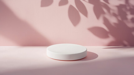 White round podium on pink surface with leaf shadows creating soft mood