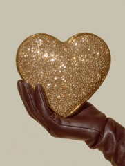 aesthetic editorial content - hand in brown leather gloves holding an exquisite heart shaped clutch handbag