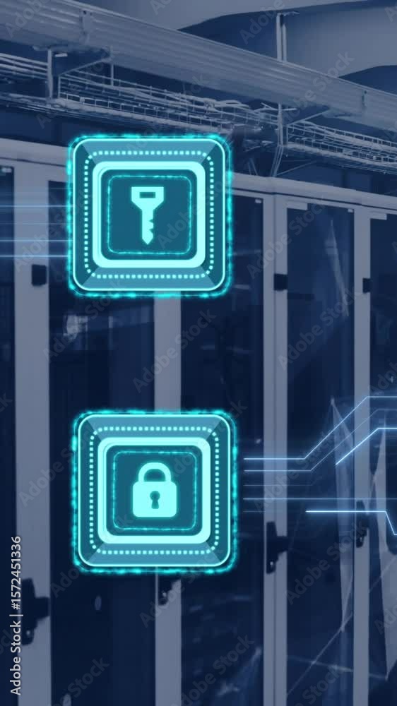 Poster animation of digital data processing, padlock and key icons, circuit board and computer servers