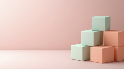 Isometric cubes in muted pastel tones stacked on clean surface with soft lighting