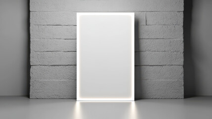 Illuminated blank rectangular frame on textured concrete wall with soft reflection
