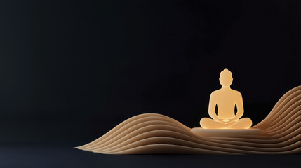 Serene figure meditating in glowing lotus position on smooth layered waves with dark background