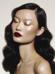 aesthetic editorial content - glamorous ethereal beauty asian model with brown polished wavy hair extensions