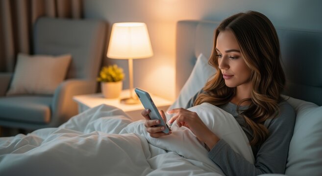 Woman using smartphone in bed, cozy nighttime atmosphere – relaxation and connection concept.