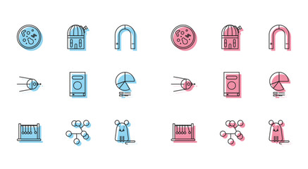 Set line Pendulum, Molecule, Bacteria, Rat, Book, Pie chart infographic, Satellite and Astronomical observatory icon. Vector