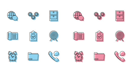 Set line Alarm clock, Document folder, World map made from speech bubble, Telephone handset and chat, Completed task, Target, and Gear icon. Vector