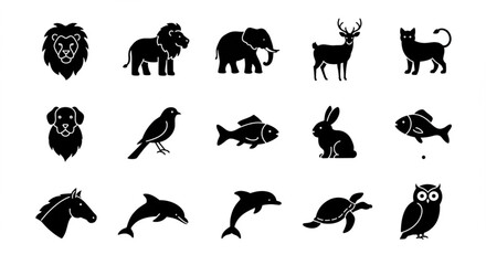 Fototapeta premium Silhouette icons of various animals, including lions, elephants, deer, cats, dogs, birds, fish, rabbits, horses, dolphins, turtles, and owls.