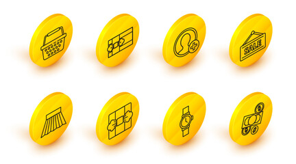 Set line Money cash and coin, Wrist watch, Gift box, Skirt, Hanging sign with Sale, Create account screen, and Shopping basket icon. Vector