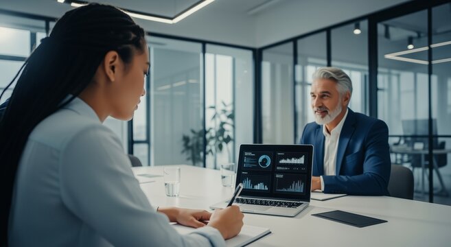 Business meeting in a modern office, discussing data insights and strategies – collaboration and professionalism at work.