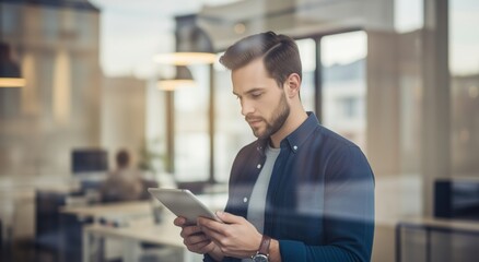 A man with a beard using a tablet in an office environment, reflecting on work – productivity and technology concept.