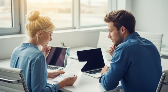 Two professionals analyzing data together in a bright office – teamwork and collaboration concept - Powered by Adobe