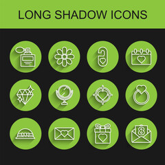 Set line Elegant women hat, Envelope with 8 March, Perfume, Gift box and heart, Round makeup mirror, Wedding rings and Heart the center of target aim icon. Vector