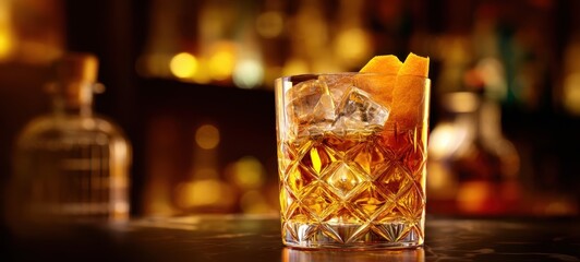 The elegant whiskey cocktail served in a crystal glass with citrus twist.
