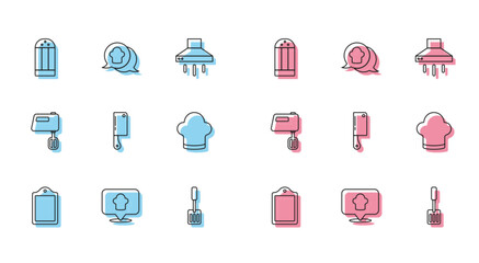 Set line Cutting board, Chef hat with location, Salt, Spatula, Meat chopper, Electric mixer and speech bubble icon. Vector