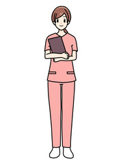 女性看護師の正面立ちポーズ　スクラブ　バインダー