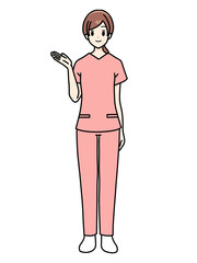 女性看護師の正面立ちポーズ　スクラブ　案内