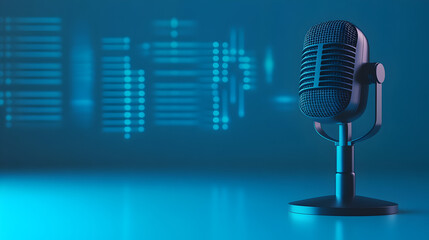 A sleek vintage microphone presented against a vibrant blue backdrop with digital sound wave graphics for podcasting broadcasting and recording