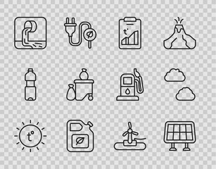 Set line Sun, Solar energy panel, Global warming, Bio fuel canister, Wastewater, Full dustbin, Wind turbine and Cloud icon. Vector