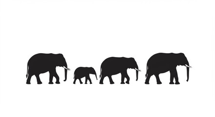 Fototapeta premium Silhouette of a family of elephants walking in a line against a white background.