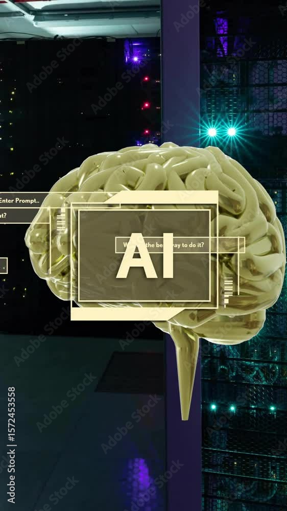 Poster animation of ai text, brain and data processing over computer servers