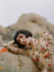 aesthetic editorial content - ethereal beauty black bob haircut relaxing in a couture dress in the natural landscape