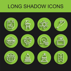 Set line Medal with star, White House, Calendar date July 4, Baseball ticket, Tourist binoculars, Vote box and American football helmet icon. Vector