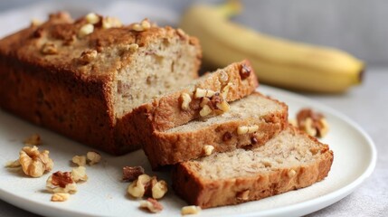 Freshly baked loaf of banana bread on a white plate. the bread has a golden brown crust and is topped with chopped walnuts.