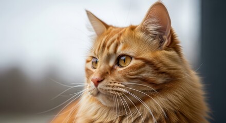 A closeup portrait captures the serene gaze of a ginger tabby cat, showcasing its soft fur and delicate whiskers