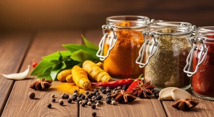 Aromatic spices and herbs arranged in jars and on a wooden table create a culinary still life
