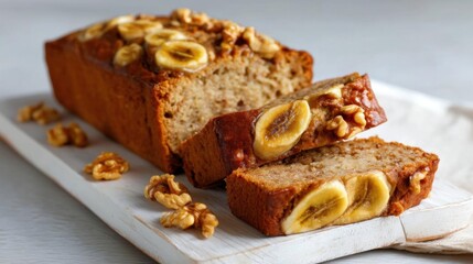 Loaf of banana bread on a white wooden cutting board. the bread has a golden brown crust and is topped with sliced bananas and walnuts.