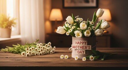 A beautiful bouquet of tulips and daisies for mothers day on a wooden table