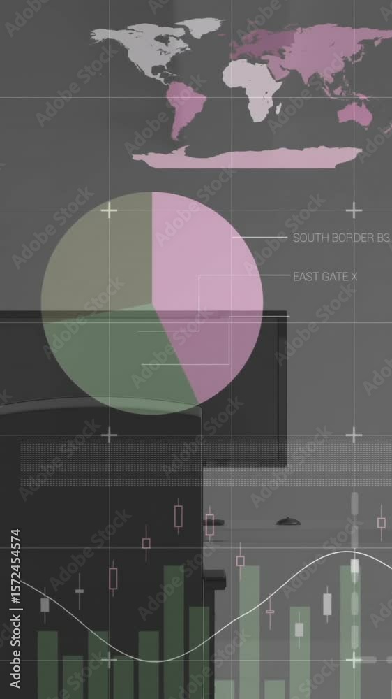 Poster animation of financial data processing over desk with computer on white background