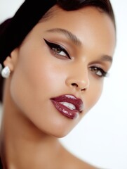 aesthetic editorial content - glam it girl biracial beauty modern edgy pin-up girl makeup with burgundy lipstick and bold graphic cat eyeliner pearl earring 