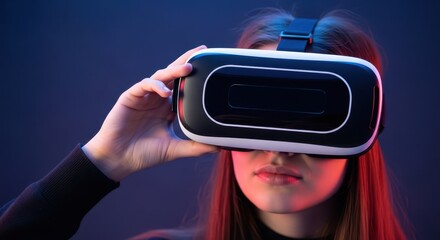 A woman is holding a vr headset in front of her face with red and blue lighting