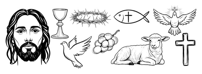 christianity religious symbol sketch icon set