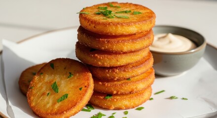 A stack of golden brown potato hashbrowns with a creamy dipping sauce is ready to be served
