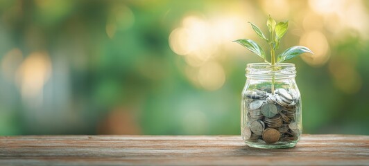 The jar filled with coins and a growing plant symbolizing financial growth.