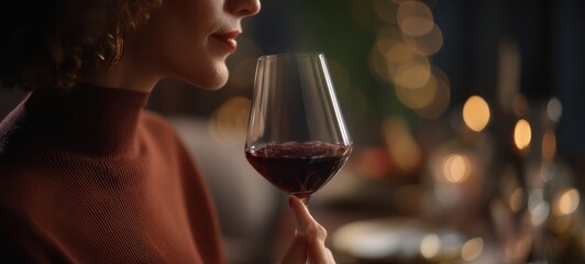 The elegant woman enjoying a glass of red wine in a cozy dining setting.