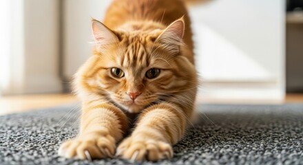 A ginger tabby cat stretches its paws on a gray carpet, showcasing its adorable face and playful nature