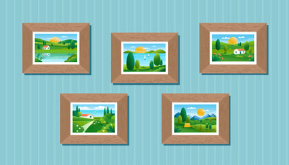 Set of landscape pictures in wooden frames hanging on the wall. Nature backgrounds. Interior elements. Vector illustration cliparts. Gradient banners.