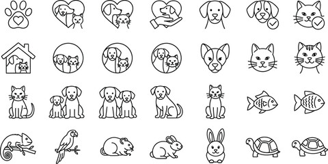 Obraz premium Collection of various pet outline icons including dogs cats and more