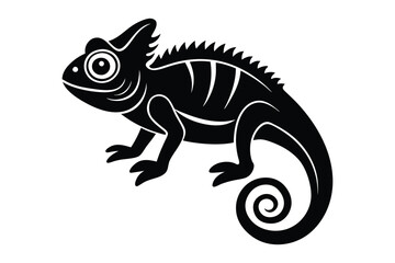 Black chameleon with spiky crest and coiled tail reptile lizard