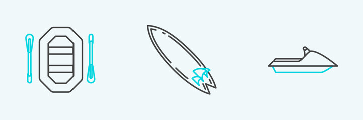 Set line Jet ski, Rafting boat and Surfboard icon. Vector